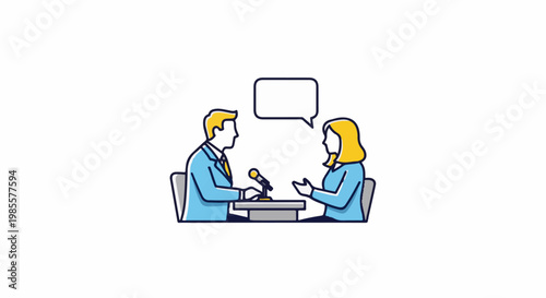 Two people are seated at a table, one interviewing the other with a microphone