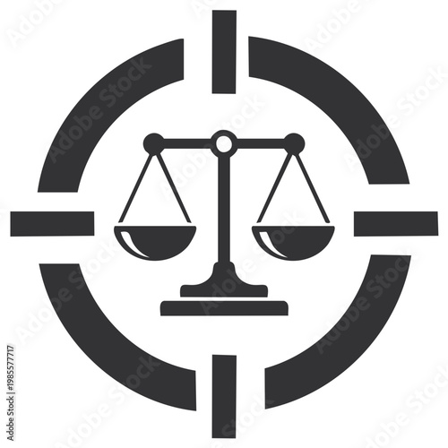 Scales of justice emblem within a target, concept for law and legal system