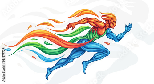 Abstract style athlete running forward at full speed vibrant multicolored body and dynamic motion trails energy concept