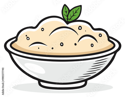 Cartoon Bowl Of Mashed Potatoes With Garnish Of Green Leaves