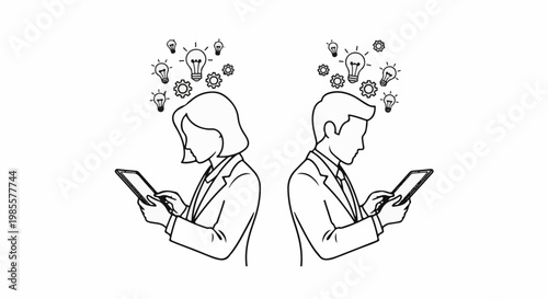 Two people in business attire hold tablets, with lightbulbs and gears above their heads