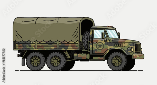 Camouflage military truck illustration with tarp cover and spare tire cartoon style vector vehicle artwork for transport and army concept