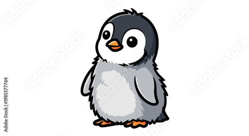 Adorable baby penguin cartoon illustration in cute style; charming fluffy chick with big eyes and orange beak on clean backdrop