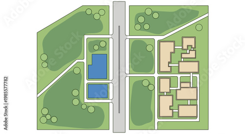 Aerial view architectural plan of residential neighborhood with houses green spaces and swimming pools in a modern style vector design