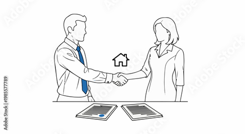 Two people in business attire shake hands over documents with house icon