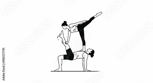 Two people in yoga poses, one supporting the other in an acrobatic stance