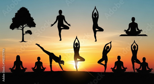 Silhouette collection of diverse yoga poses and a tree against a vibrant sunset sky representing wellness meditation and nature