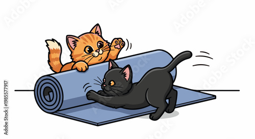 Two playful kittens, one orange, one black, tumble and roll on a blue mat
