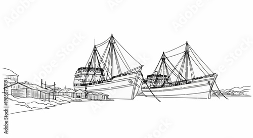 Two large cargo ships docked at a small harbor with simple buildings