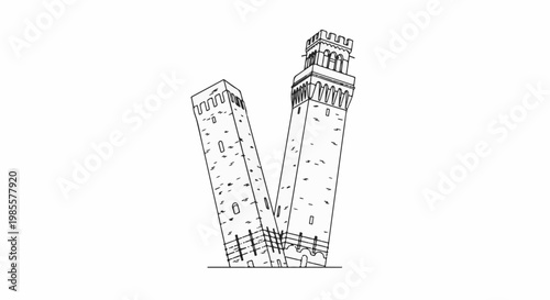 Two leaning brick towers, rendered in black outline, stand close together