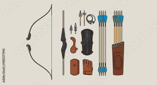 Archery set with bow arrows quiver and protective gear in detailed vector illustration style on neutral background