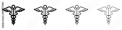 Set of linear caduceus icons with wings and snakes with different stroke weights. Minimalist symbols of medicine, healthcare, and pharmacy. Vector illustration.