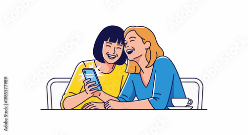 Two joyful women sharing a smartphone moment over coffee