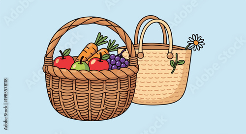 Two woven baskets, one brimming with colorful fruits and vegetables