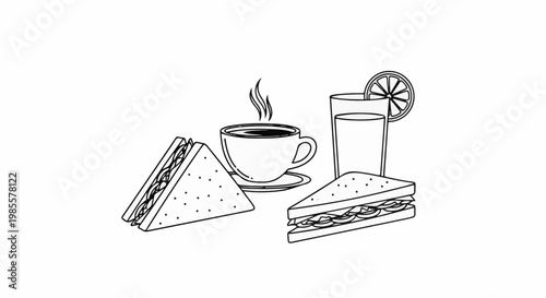 Two sandwiches beside a steaming coffee cup and a tall glass of juice
