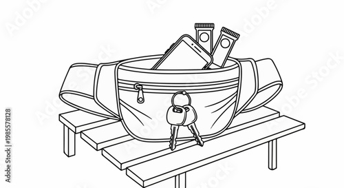 Waist bag on a bench filled with phone, keys, and vials for outdoor adventures