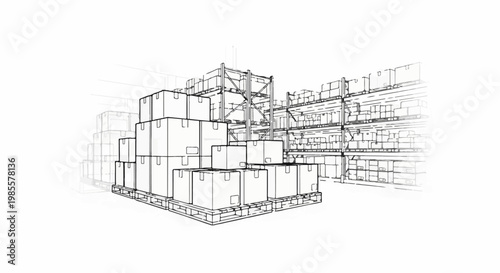 Warehouse interior sketch showing stacked boxes on pallets and shelves