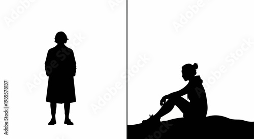 Two silhouettes, one standing, one sitting, divided by a dark line