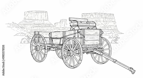 Wagon on a rocky landscape with mesa formations in background