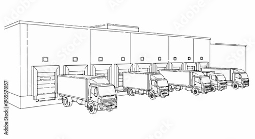 Warehouse loading docks with multiple trucks parked in line