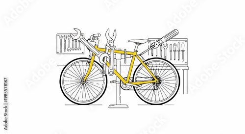 Yellow bicycle frame on stand, surrounded by various tools and equipment