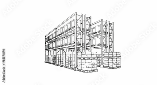 Warehouse shelving unit stocked with boxes on pallets, sketch