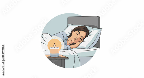 Woman sleeping peacefully in bed with a lit candle nearby, creating a calm ambiance
