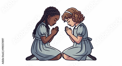 Two young girls, diverse in skin tone and hair, kneel in prayer
