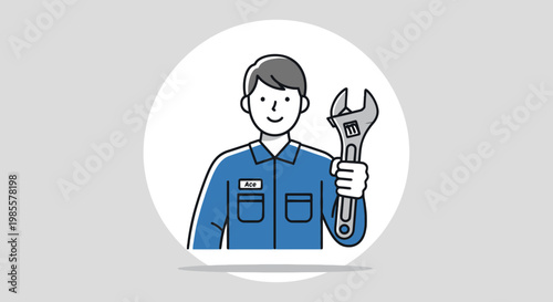 Cartoon mechanic holding adjustable wrench in hand vector illustration on white background male technician in blue uniform with tools