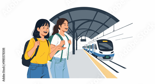 Two young women with backpacks waiting for a train at a station platform