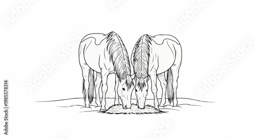 Two horses nuzzling heads while eating hay from a pile