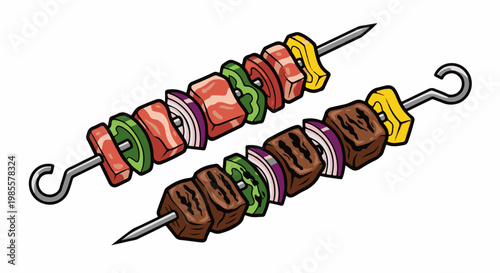 Two skewers with chunks of meat, onions, and peppers on metal spits