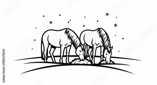 Two horses grazing in a snowy field