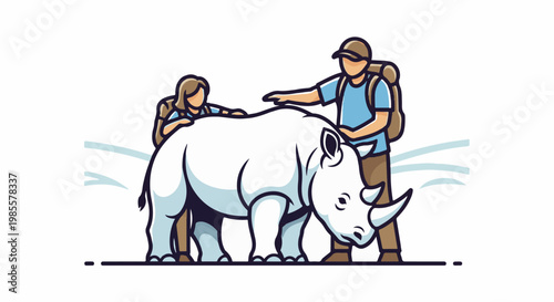 Two hikers observe a large white rhinoceros in a stylized natural setting