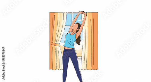 Woman stretching indoors by window with sunlight filtering through curtains