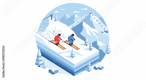 Two skiers in colorful suits descend a snowy mountain, ski lifts overhead