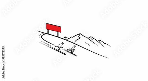 Two skiers on a mountain slope with a red sign in background