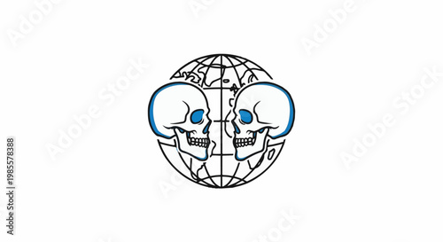 Two skulls with blue eyes face each other over a globe