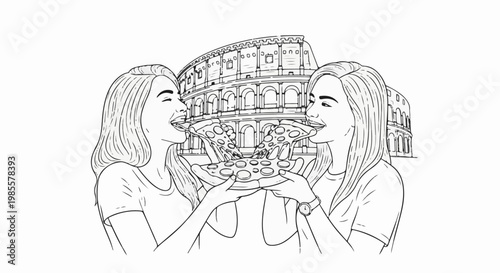 Two happy women share a pizza in front of the Colosseum in Rome