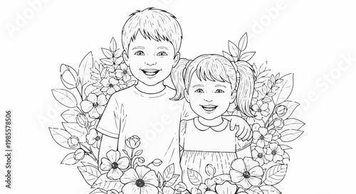 Two smiling children, a boy and a girl, with pigtails, embrace amidst flowers