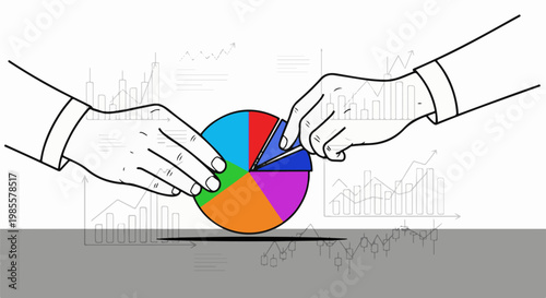 Two hands manipulate a colorful pie chart with financial graphs in background