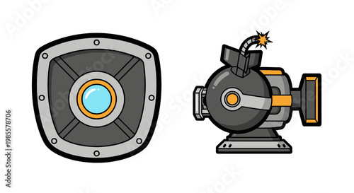 Cartoon bomb cannon turret and shield set in grey and orange with round center; illustration for defense and destruction concepts
