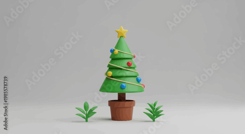 Cartoon Christmas tree in brown pot with star topper surrounded by leafy sprouts against a gray stone textured background