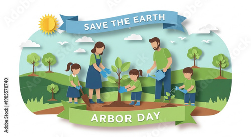 Family planting trees on Arbor Day a concept for environmental protection and saving the earth flat paper cut illustration