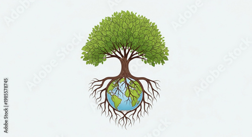 Green tree with roots growing from the Earth symbolizing environmentalism and global growth isolated on white background