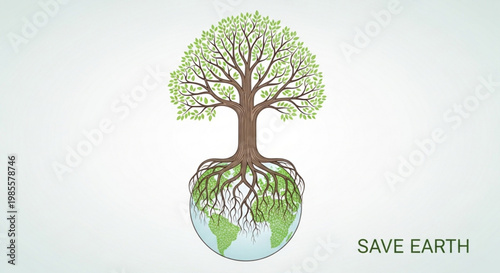 Stylized tree with roots growing from planet Earth symbolizing environmental protection and growth vector illustration for eco concepts