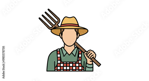 Cartoon farmer with pitchfork on shoulder in flat vector art; wearing straw hat green shirt and red checkered overalls on white backdrop