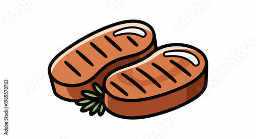 Two grilled sausages with grill marks and a sprig of greenery