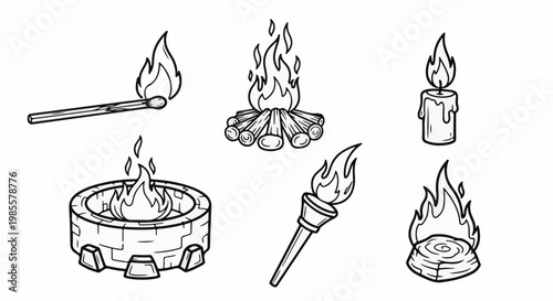 Various depictions of fire a lit match, campfire, candle, fire pit, torch, and small wood fire