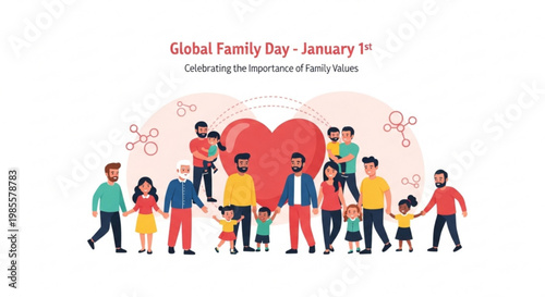 Diverse family group celebrating Global Family Day illustration of unity and connection with a large heart symbol concept for love and togetherness